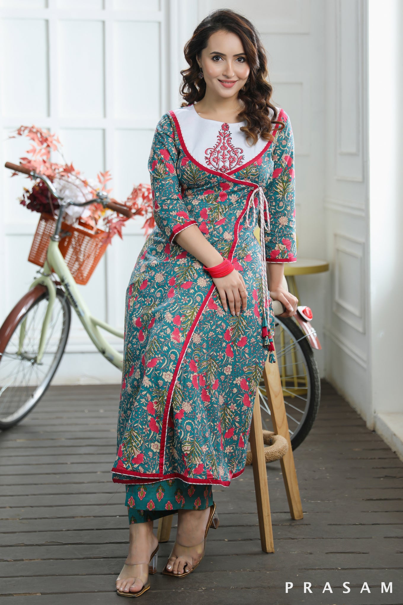 Ananya Vibrant Cotton Jaipuri Printed Angrakha With Block Print Yoke Kurti (Optional Pant)