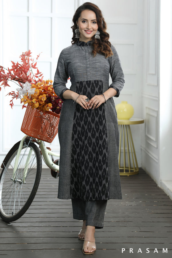 Aditi Classy Grey And Black Combination Ikat And Textured Cotton Kurti (Optional Pants)