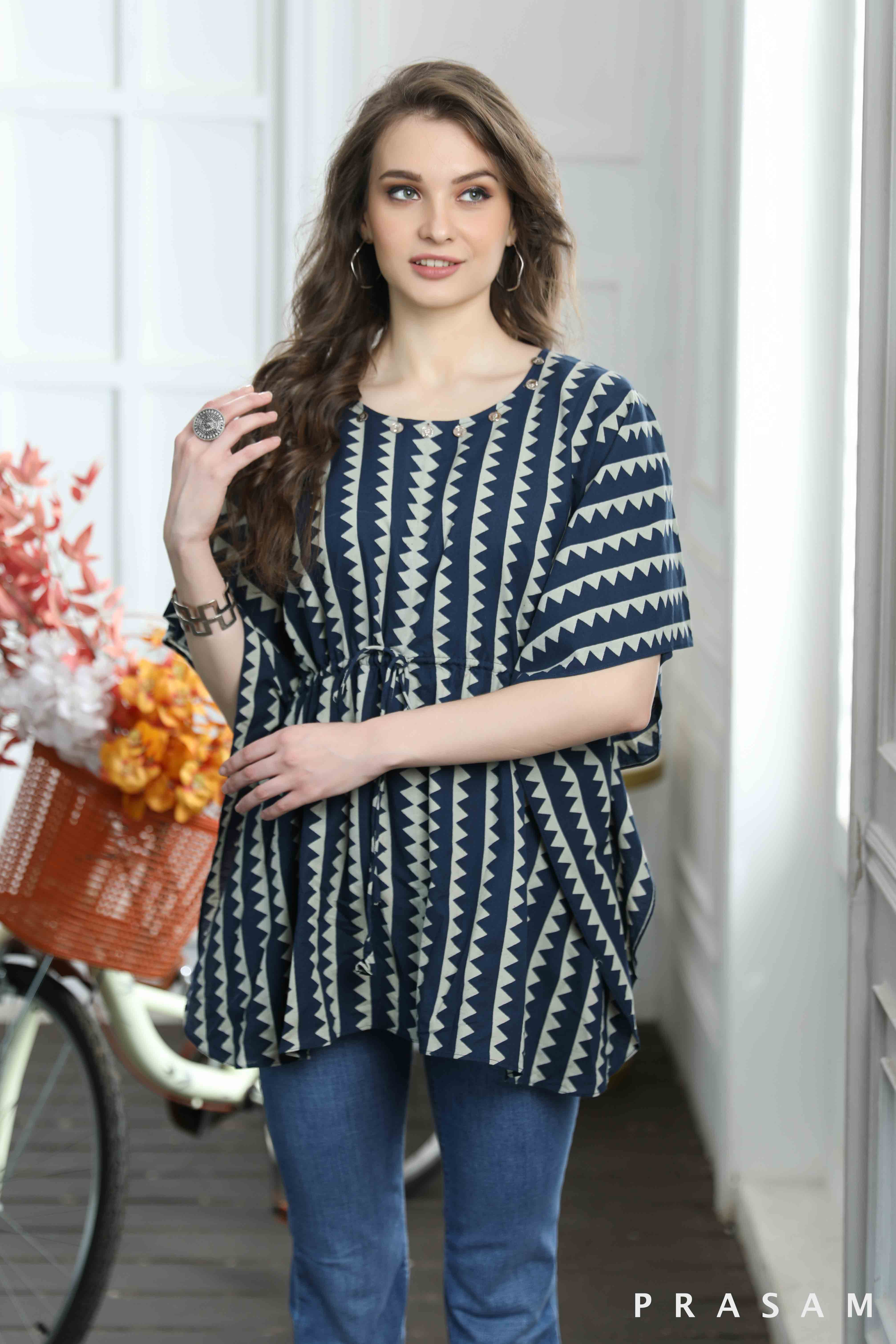 Bohemian Breeze Tunic- Trendy Cotton Ajrakh Kaftan Tunic