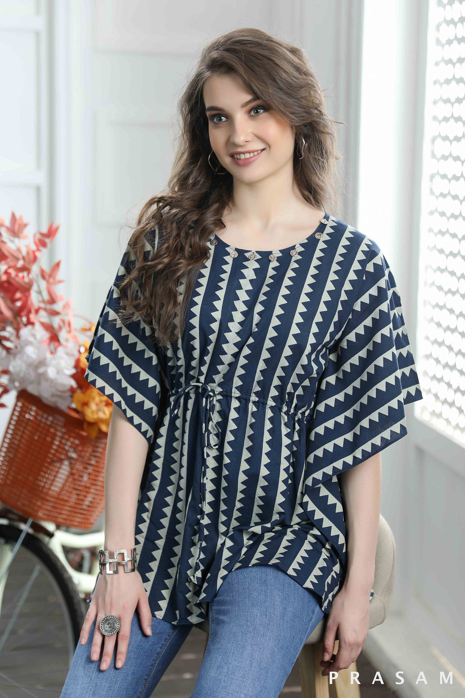 Bohemian Breeze Tunic- Trendy Cotton Ajrakh Kaftan Tunic