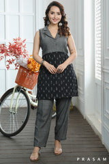 Majestic Moments Tunic Sophisticated Black Handloom Ikat With Textured Stripes Tunic (Optional Pants)