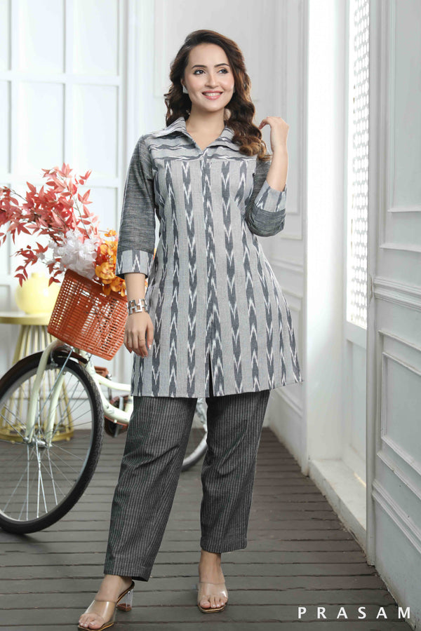 Tranquil Threads Tunic- Smart Grey Handloom Ikat With Handloom Cotton Sleeves Tunic (Optional Pants)