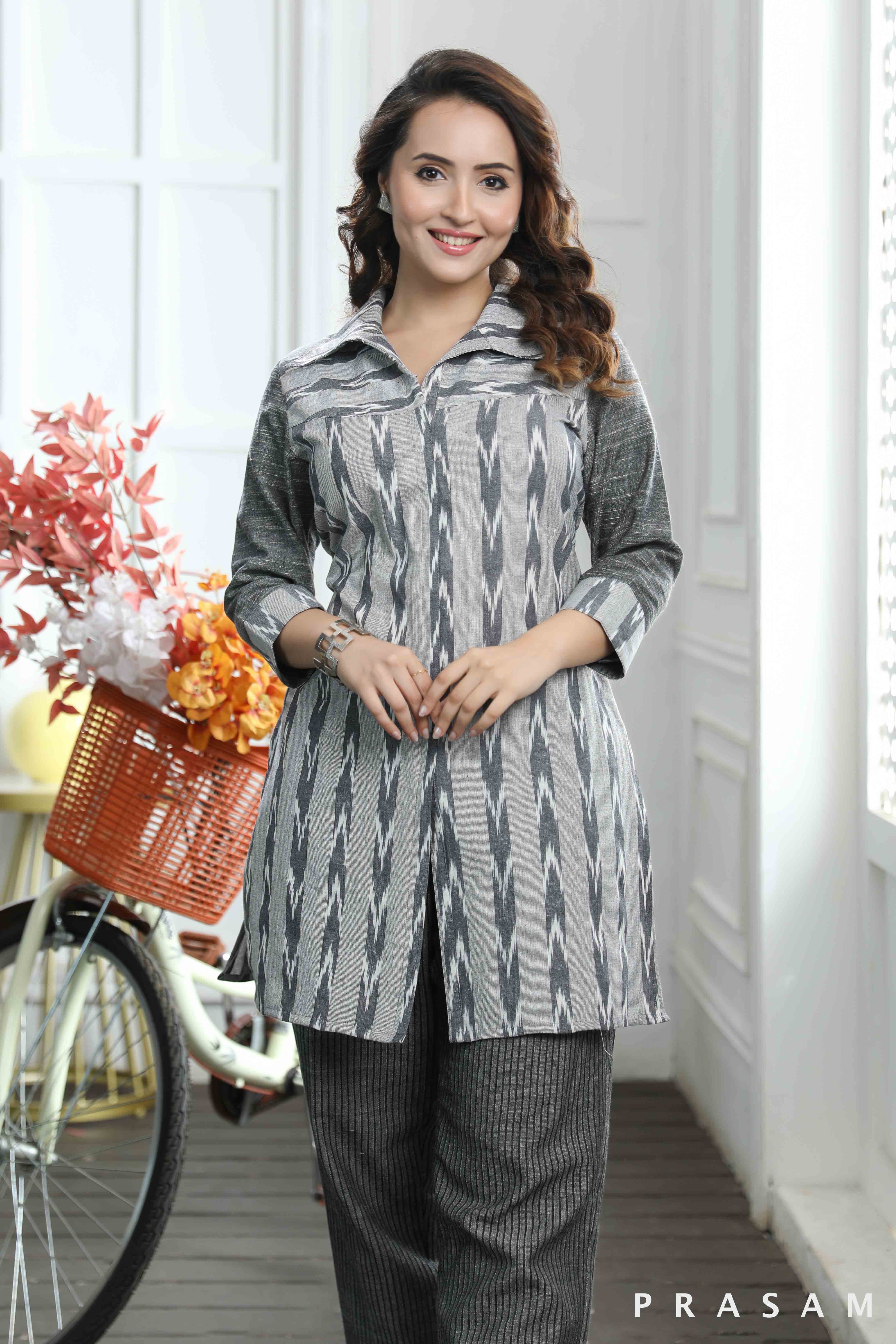 Tranquil Threads Tunic- Smart Grey Handloom Ikat With Handloom Cotton Sleeves Tunic (Optional Pants)