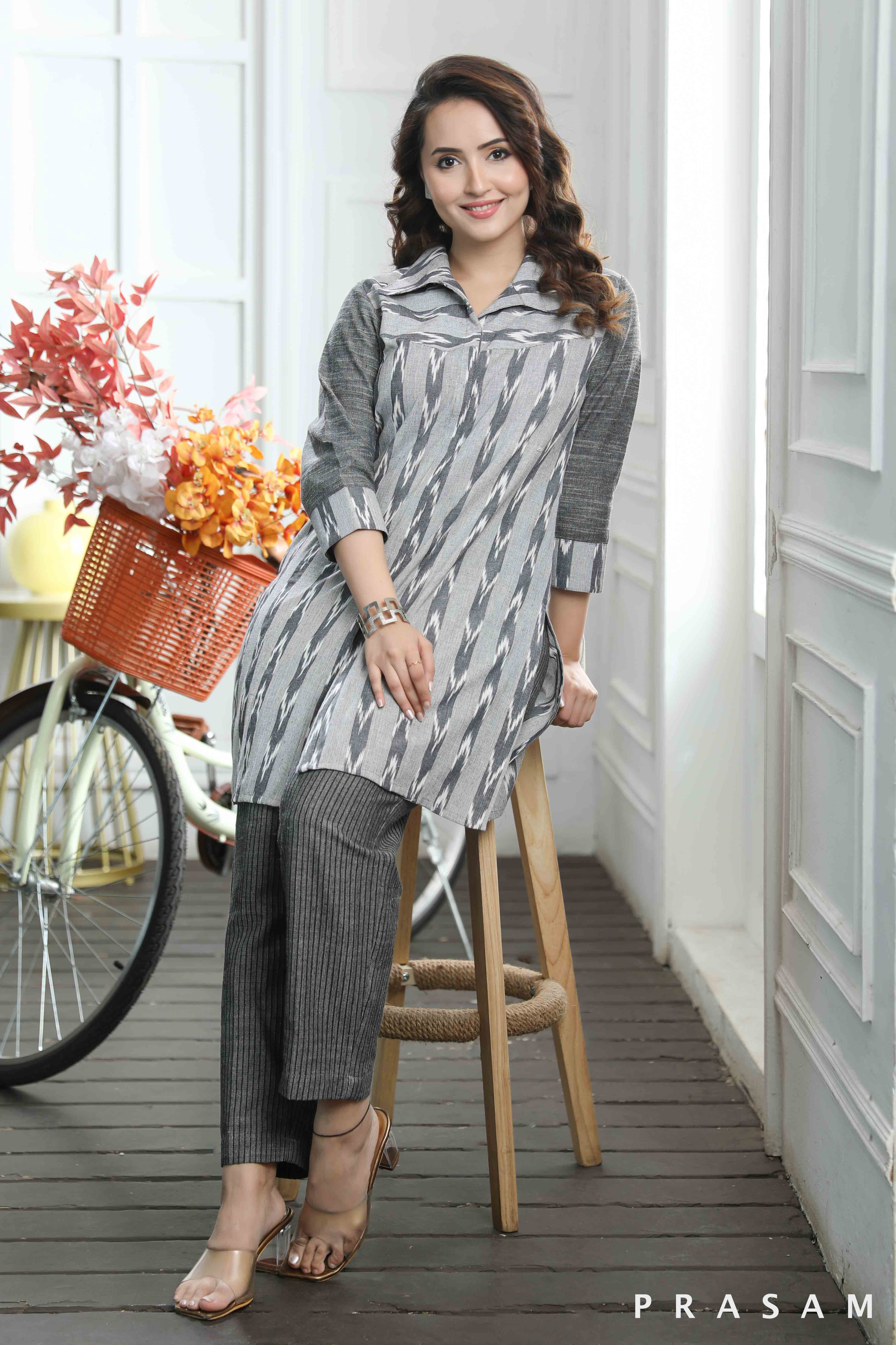 Tranquil Threads Tunic- Smart Grey Handloom Ikat With Handloom Cotton Sleeves Tunic (Optional Pants)