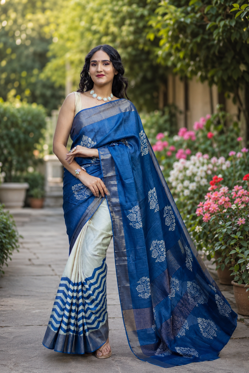 Purssian Stream Hand Batik Pure Tassar Silk Saree