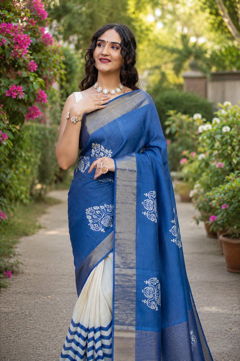 Purssian Stream Hand Batik Pure Tassar Silk Saree