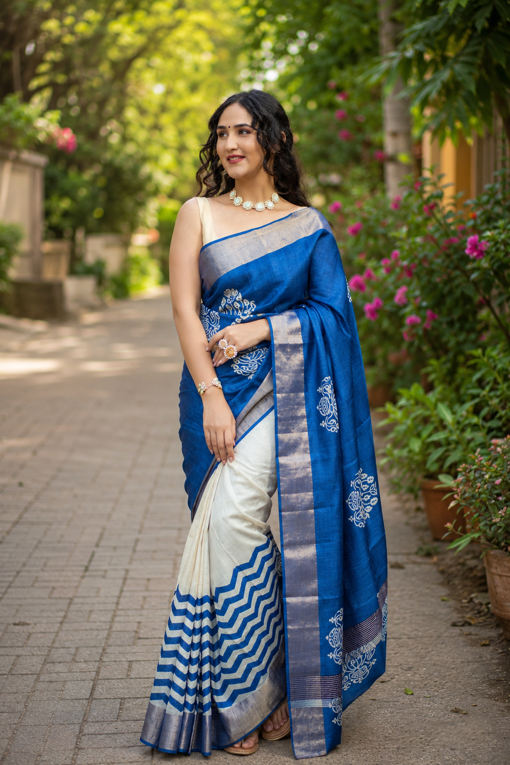 Purssian Stream Hand Batik Pure Tassar Silk Saree