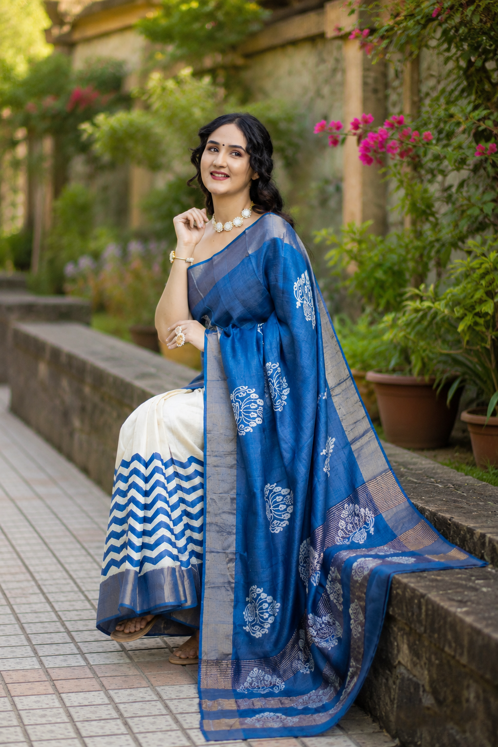 Purssian Stream Hand Batik Pure Tassar Silk Saree