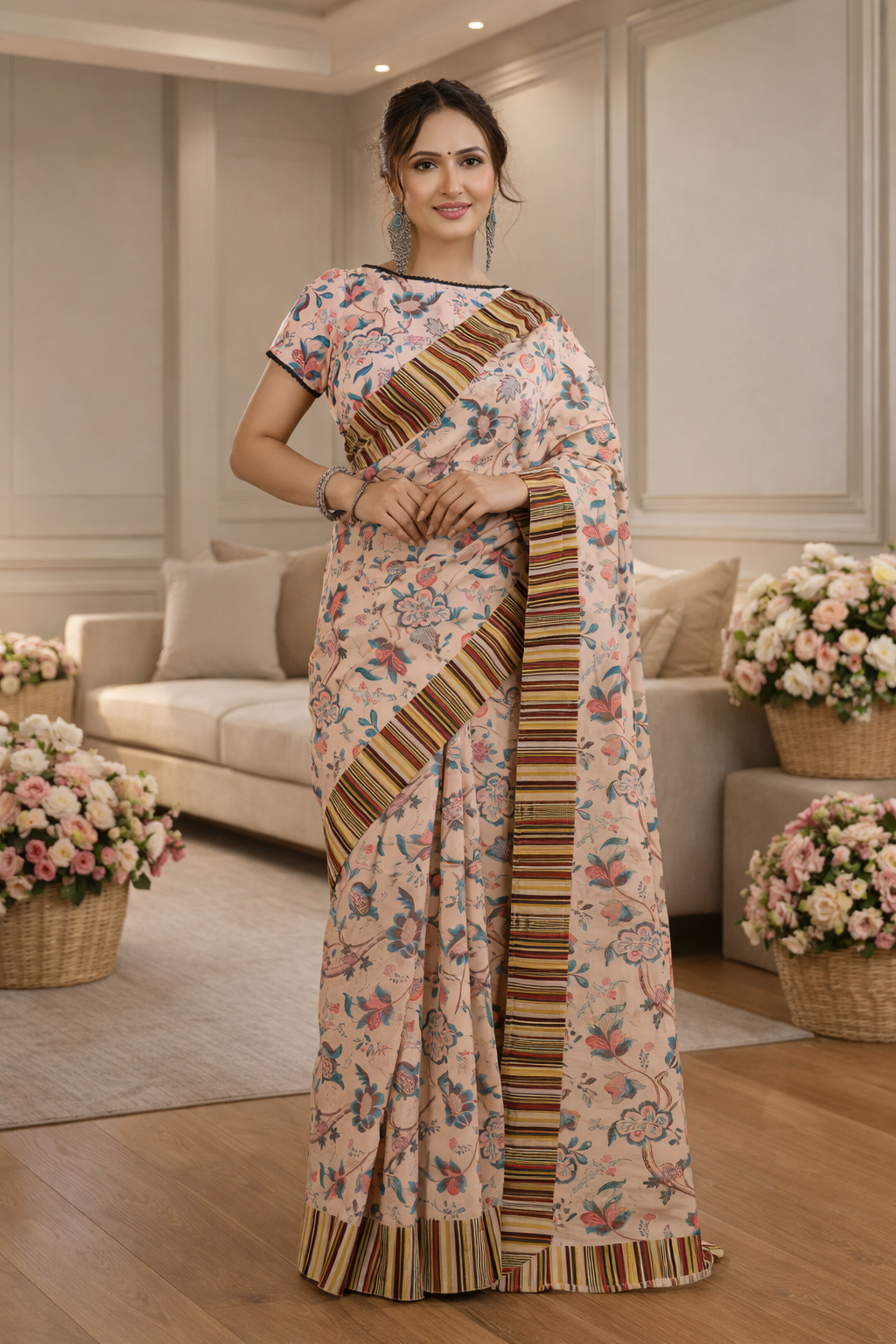 Safari Sunset- Beige Chanderi Printed Saree with Ajrakh Strip Border