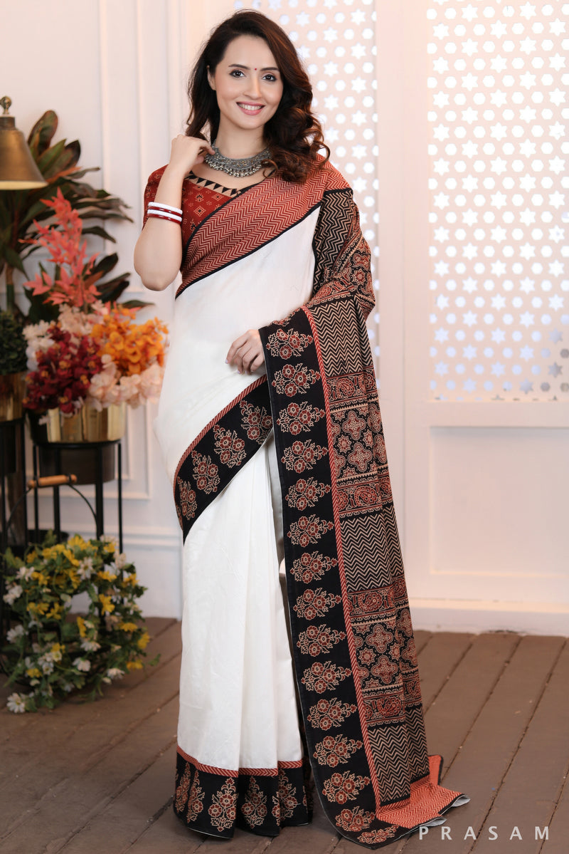 Graceful Simplicity beautiful ethnic chanderi silk and cotton ajrakh combination saree Prasam Crafts