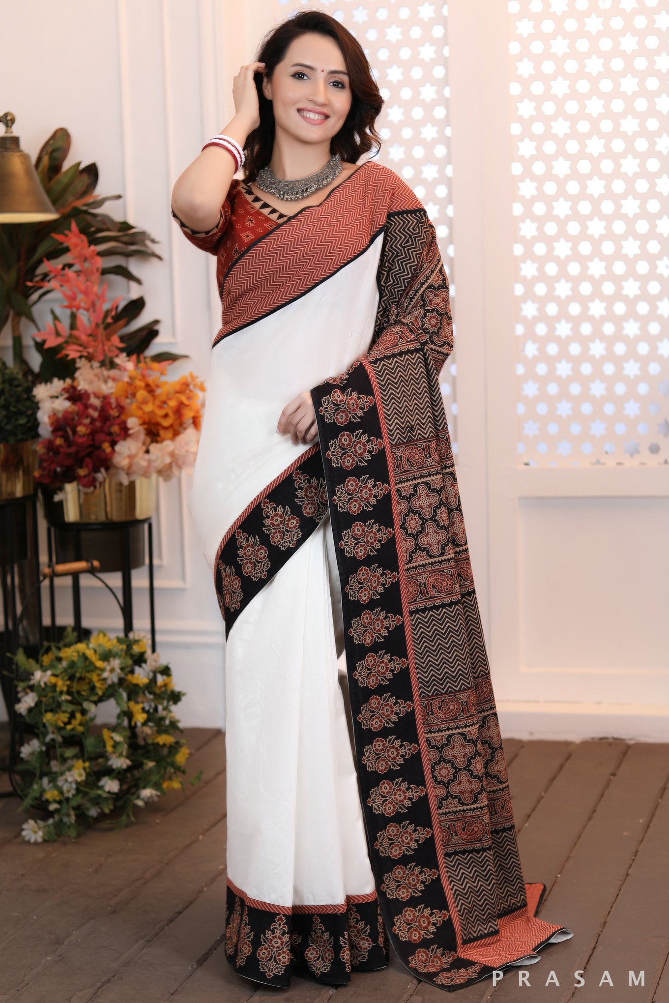 Graceful Simplicity beautiful ethnic chanderi silk and cotton ajrakh combination saree Prasam Crafts