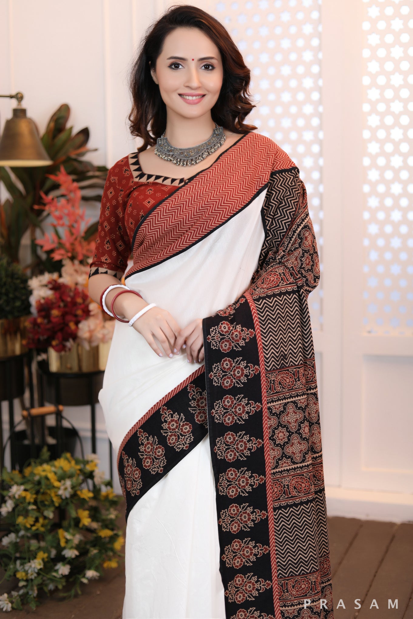 Graceful Simplicity beautiful ethnic chanderi silk and cotton ajrakh combination saree Prasam Crafts