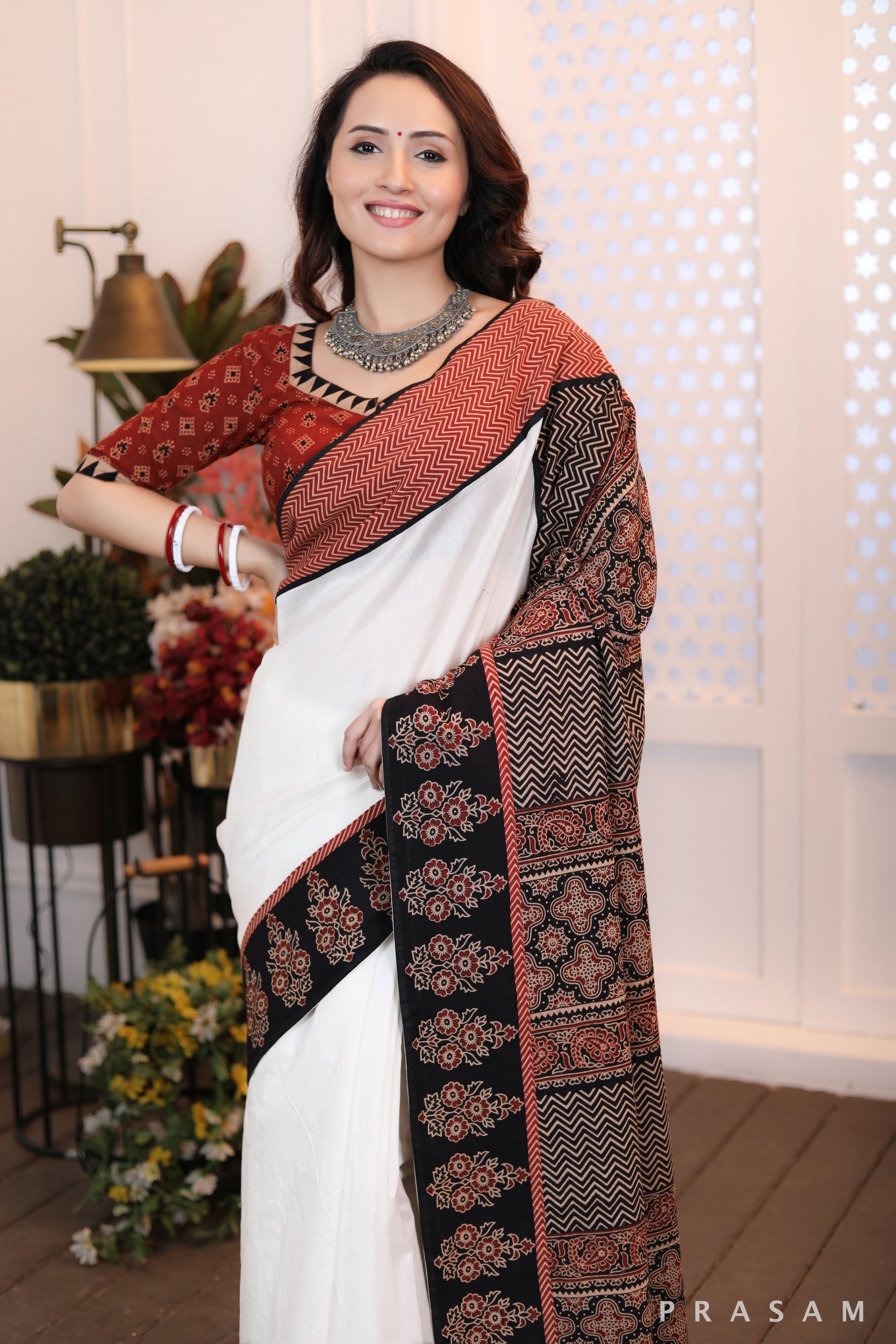 Graceful Simplicity beautiful ethnic chanderi silk and cotton ajrakh combination saree Prasam Crafts