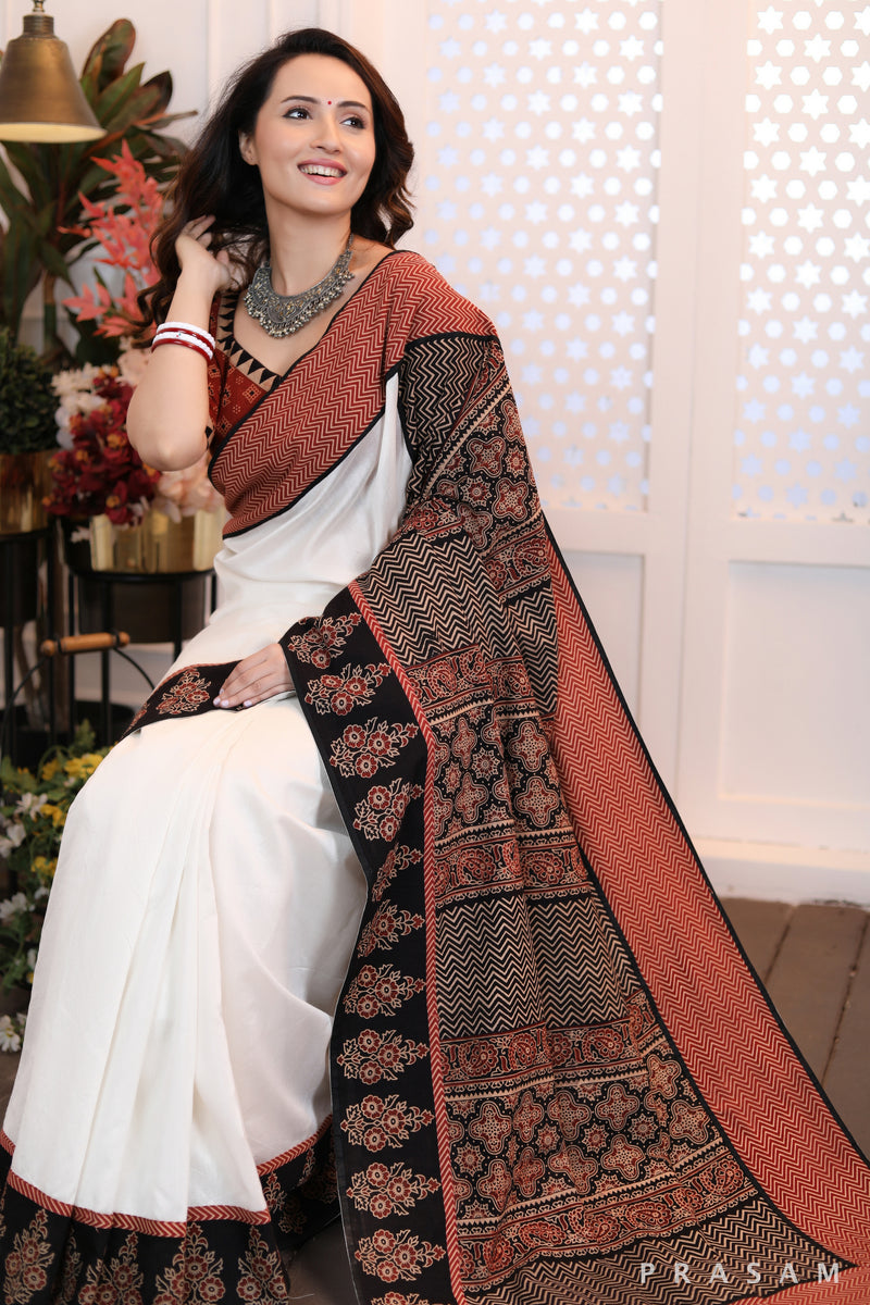 Graceful Simplicity beautiful ethnic chanderi silk and cotton ajrakh combination saree Prasam Crafts