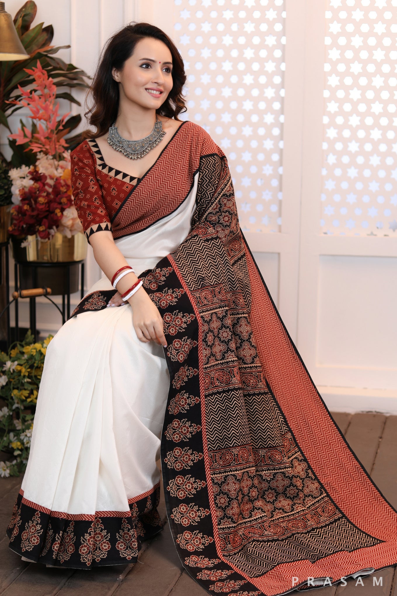 Graceful Simplicity beautiful ethnic chanderi silk and cotton ajrakh combination saree Prasam Crafts