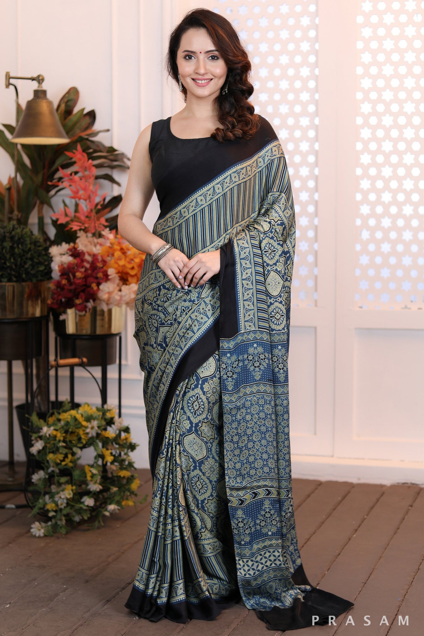 Mosaic Dream Fusion blue green combination ajrakh silk modal saree