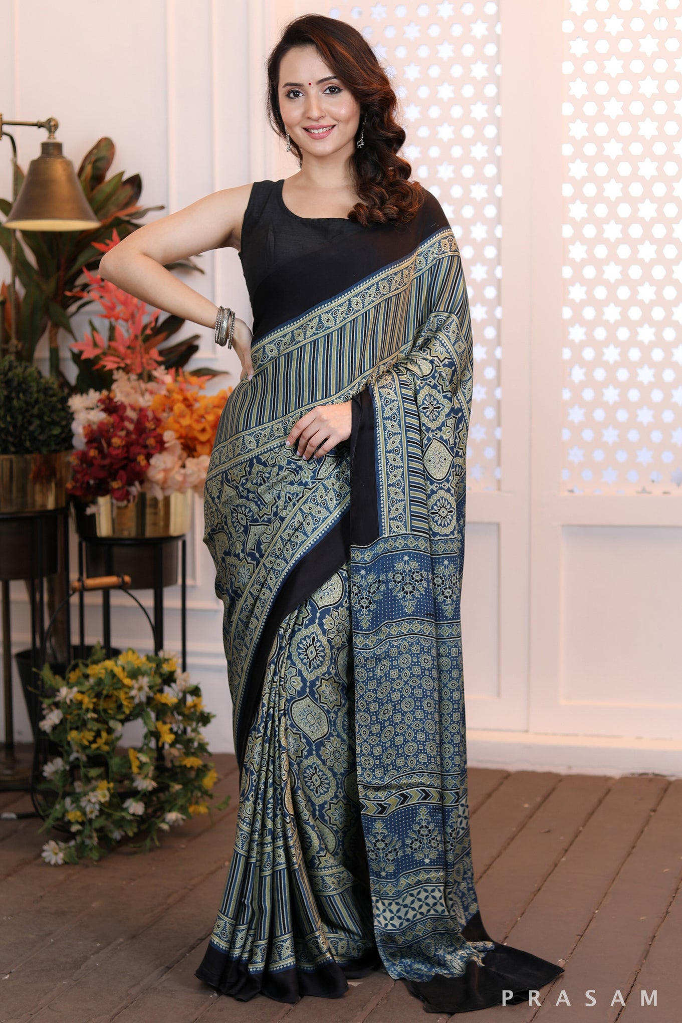 Mosaic Dream Fusion blue green combination ajrakh silk modal saree