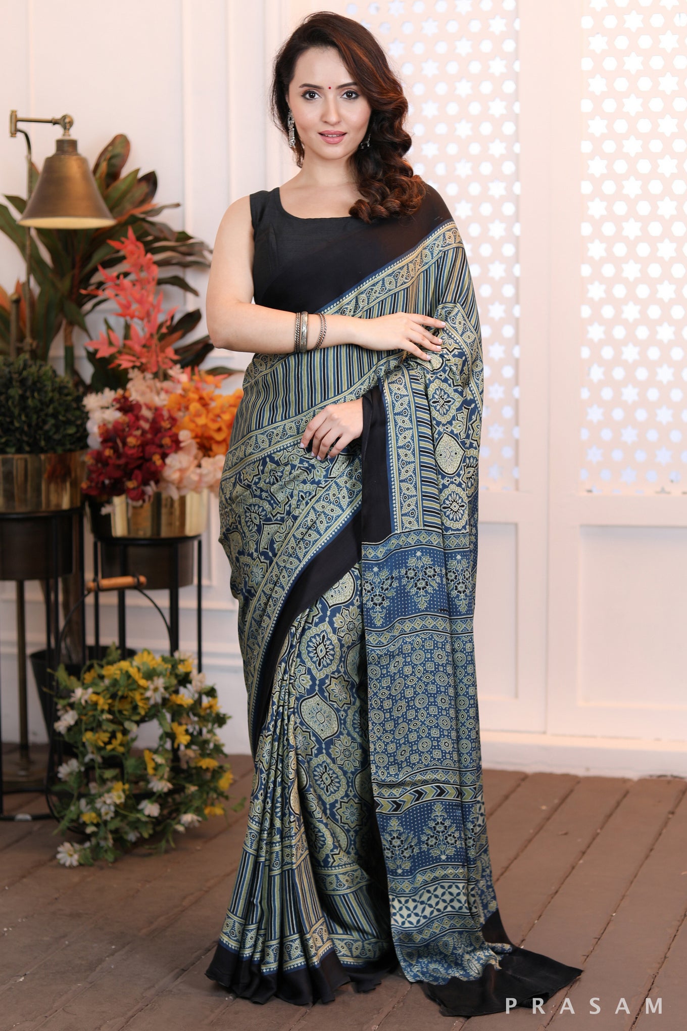 Mosaic Dream Fusion blue green combination ajrakh silk modal saree