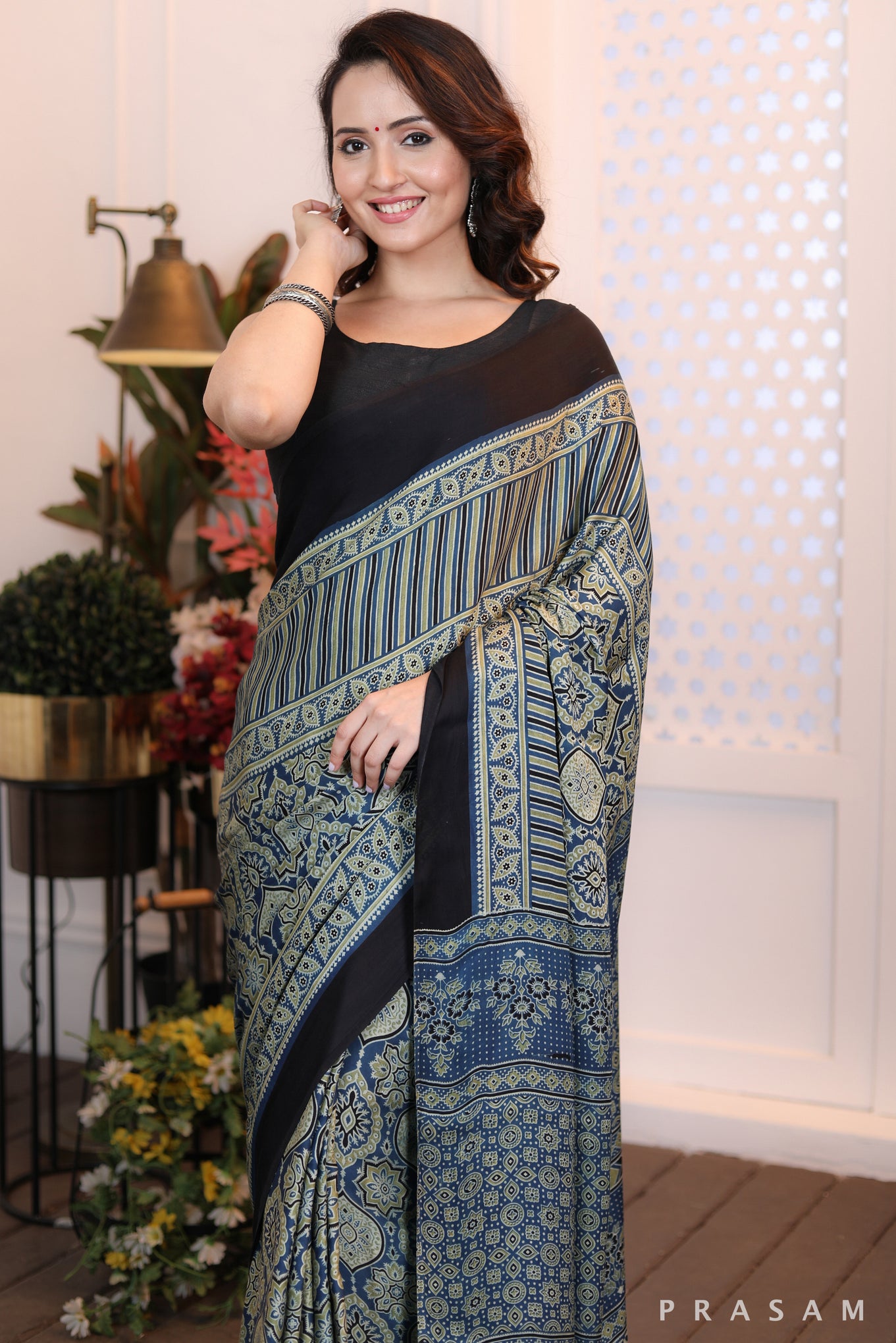 Mosaic Dream Fusion blue green combination ajrakh silk modal saree