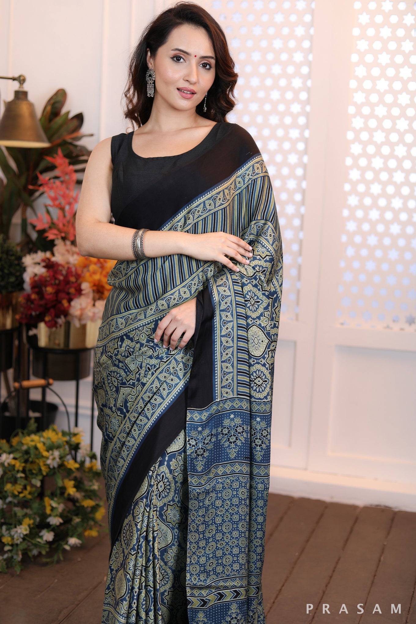 Mosaic Dream Fusion blue green combination ajrakh silk modal saree