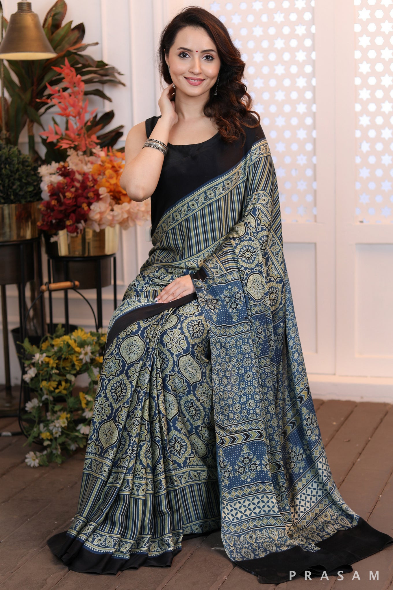 Mosaic Dream Fusion blue green combination ajrakh silk modal saree