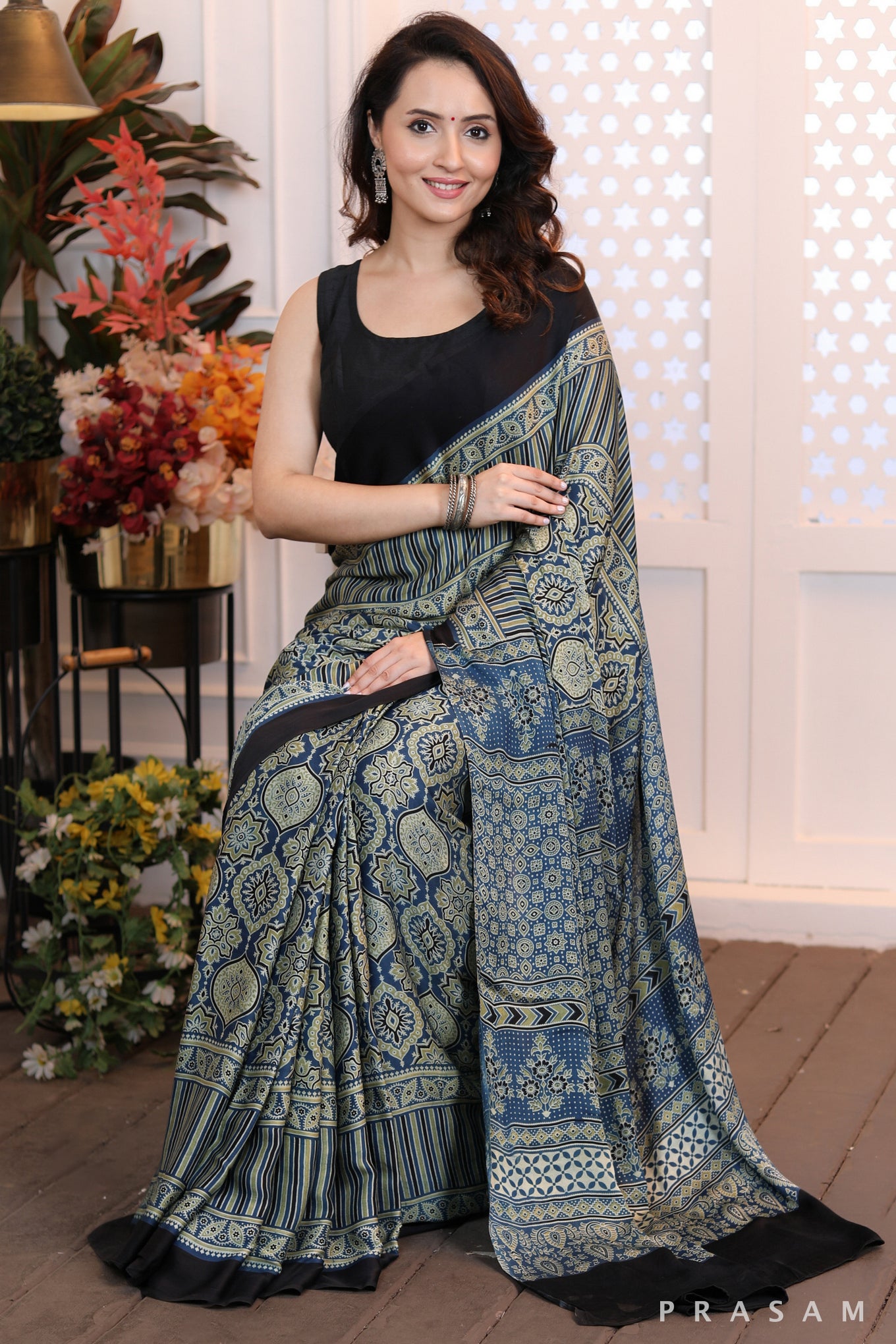 Mosaic Dream Fusion blue green combination ajrakh silk modal saree