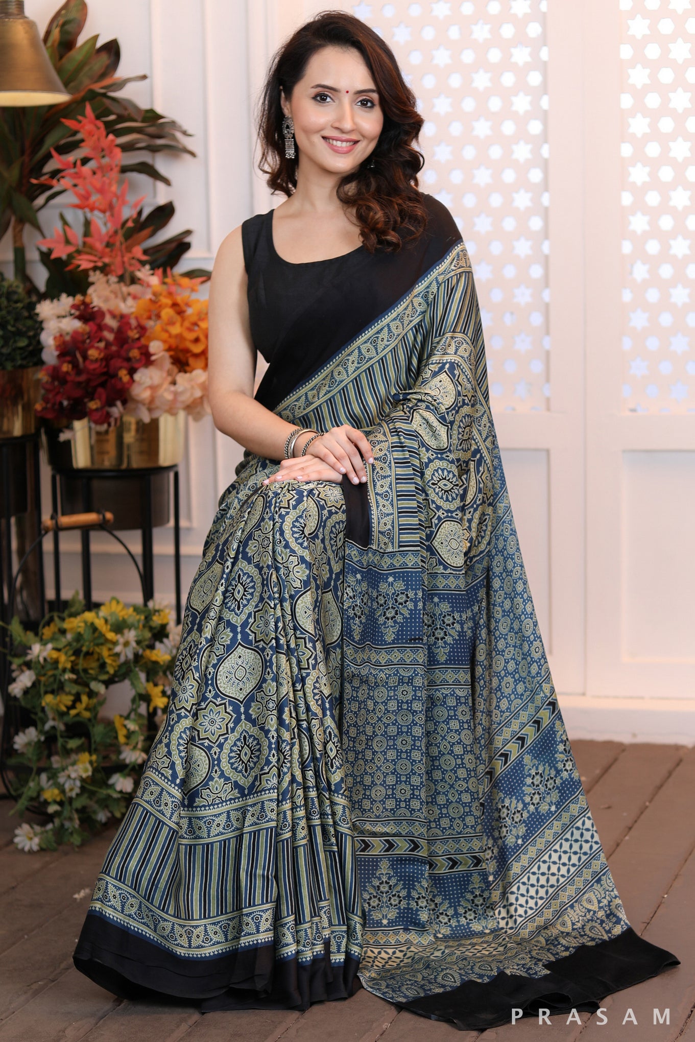 Mosaic Dream Fusion blue green combination ajrakh silk modal saree