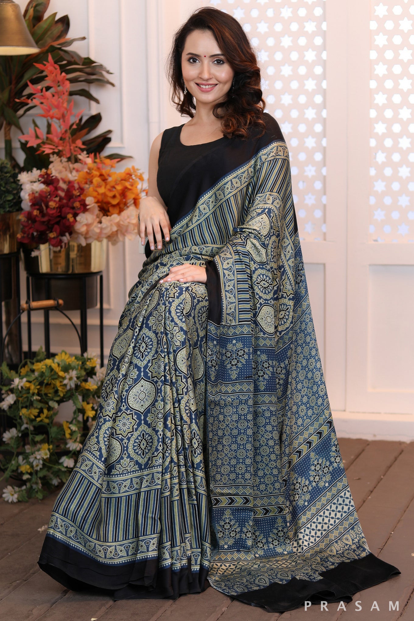 Mosaic Dream Fusion blue green combination ajrakh silk modal saree