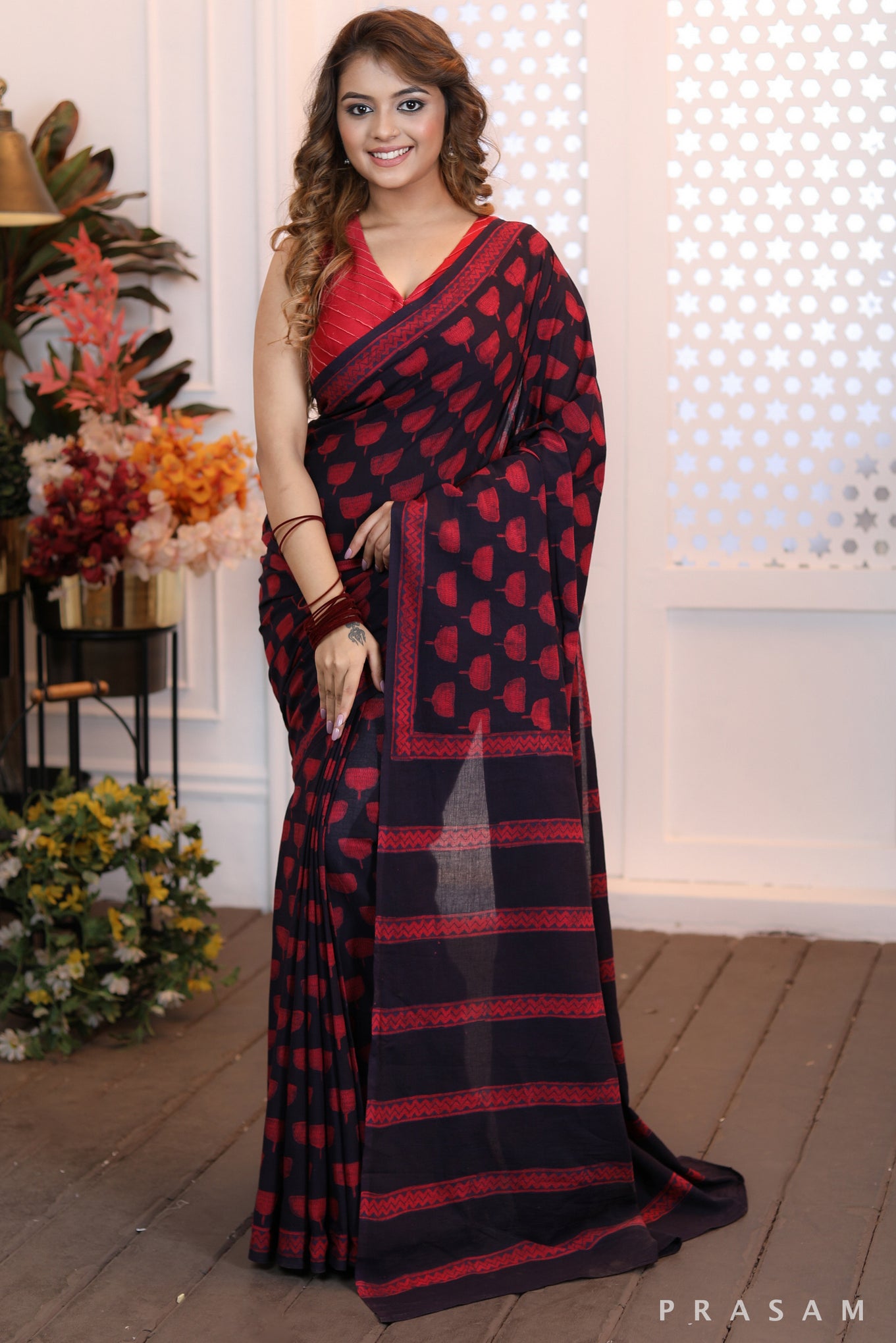 Burgundy Bells Classy handwoven cotton block print saree