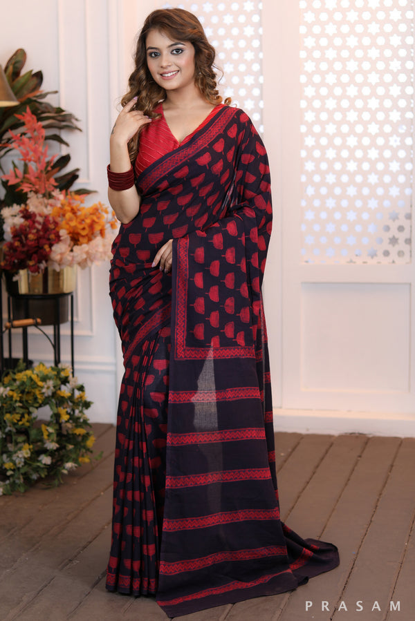 Burgundy Bells Classy handwoven cotton block print saree