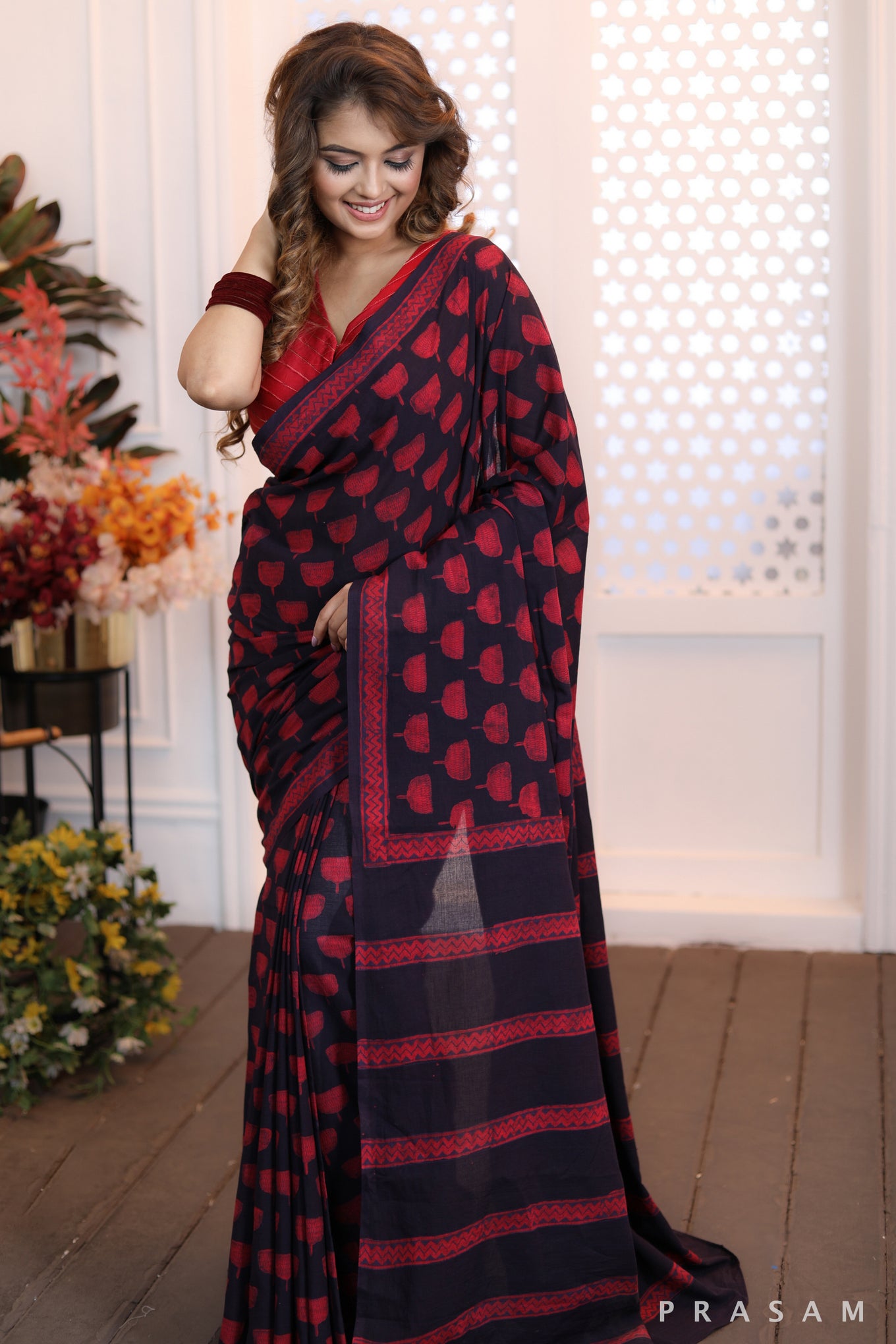 Burgundy Bells Classy handwoven cotton block print saree