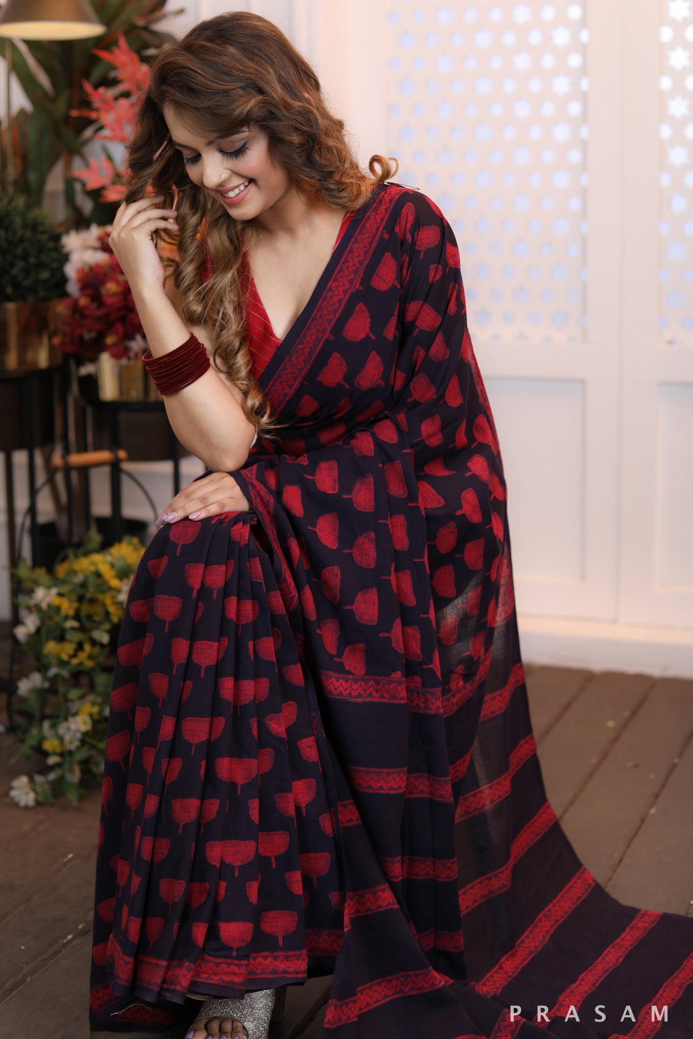 Burgundy Bells Classy handwoven cotton block print saree