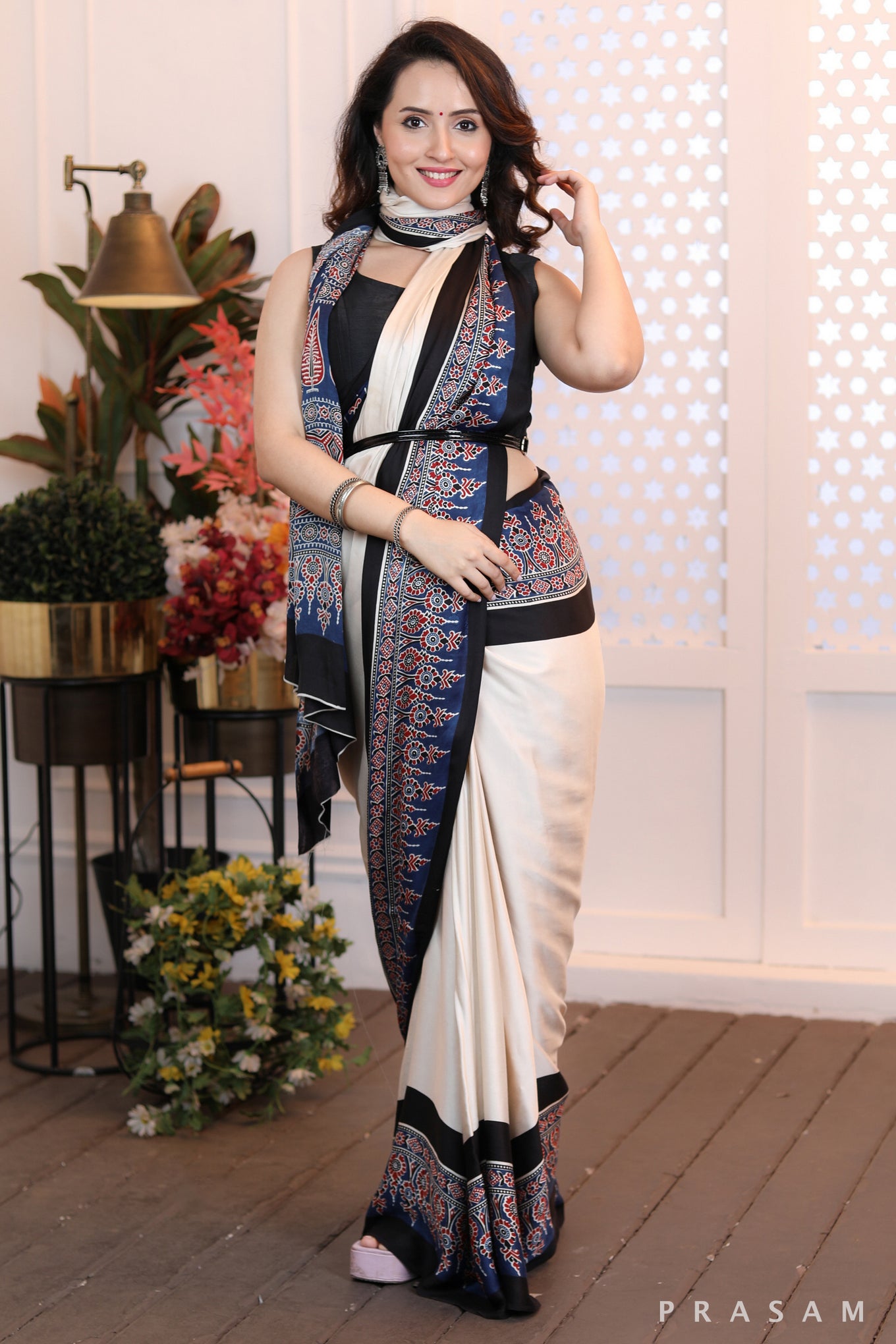 Sleek Sophistication  Beautifly modern offwhite ajrakh  silk modal saree