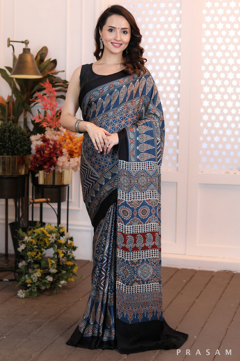 Modern Muse Mod blue and black ajrakh modal silk saree