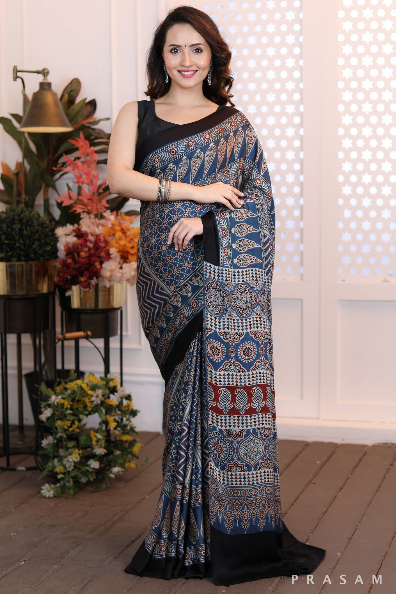 Modern Muse Mod blue and black ajrakh modal silk saree