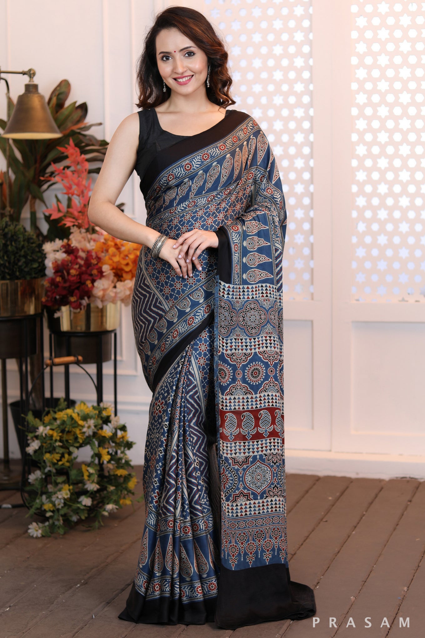 Modern Muse Mod blue and black ajrakh modal silk saree