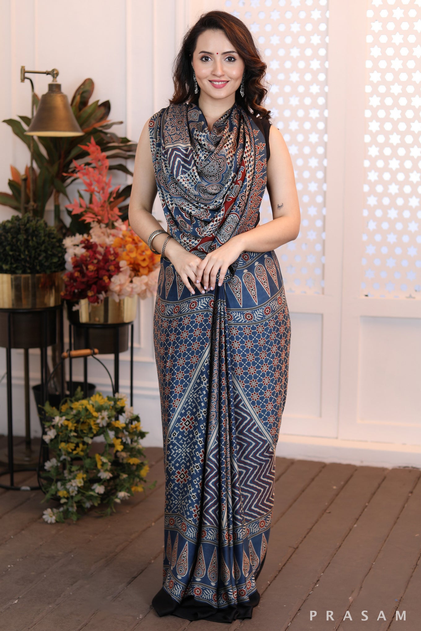 Modern Muse Mod blue and black ajrakh modal silk saree