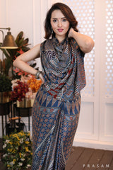 Modern Muse Mod blue and black ajrakh modal silk saree