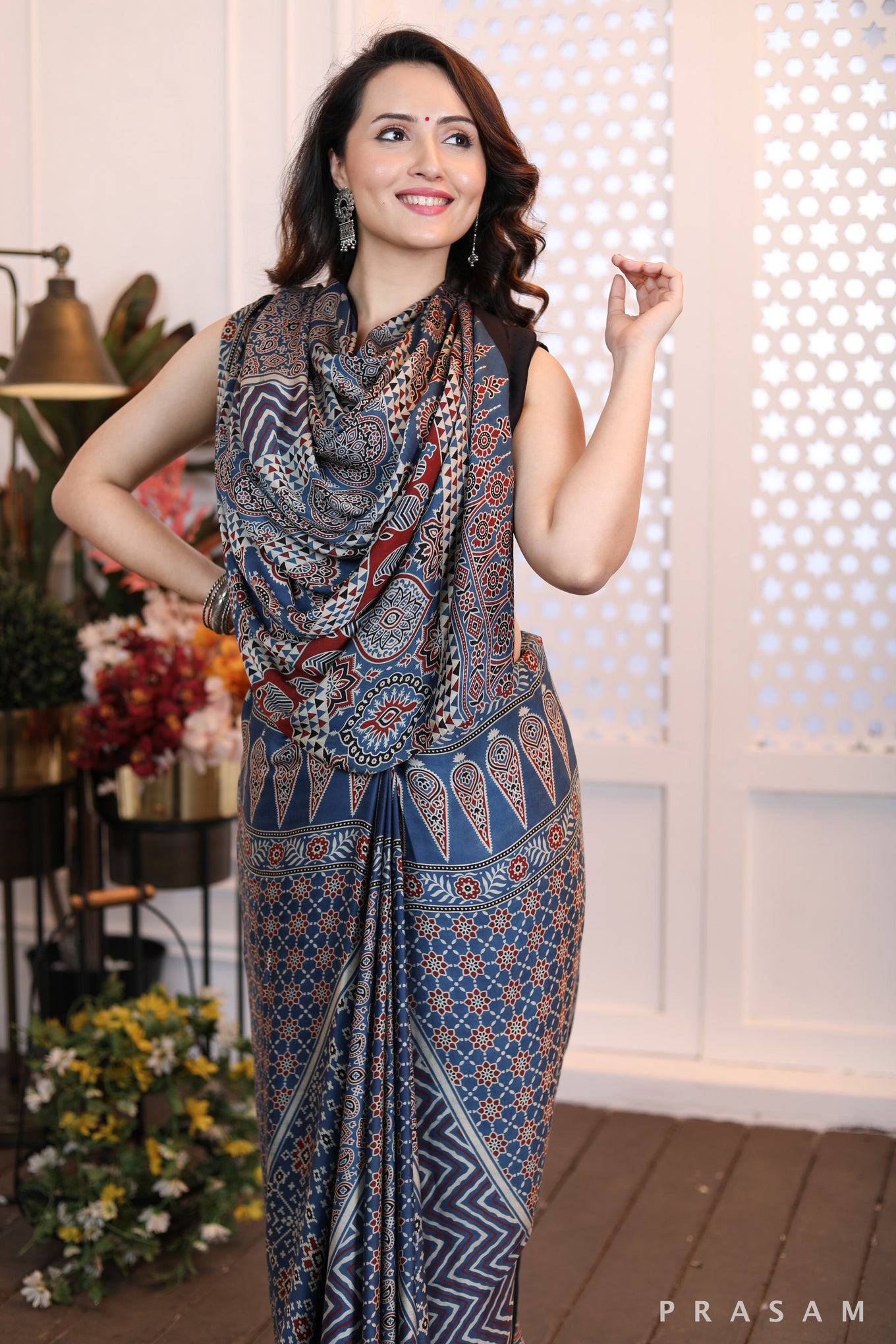 Modern Muse Mod blue and black ajrakh modal silk saree