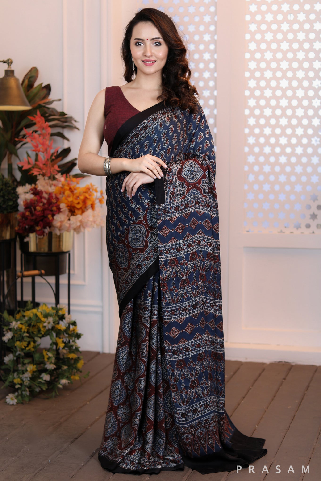 Chic Contours fusion ajrakh silk modal saree