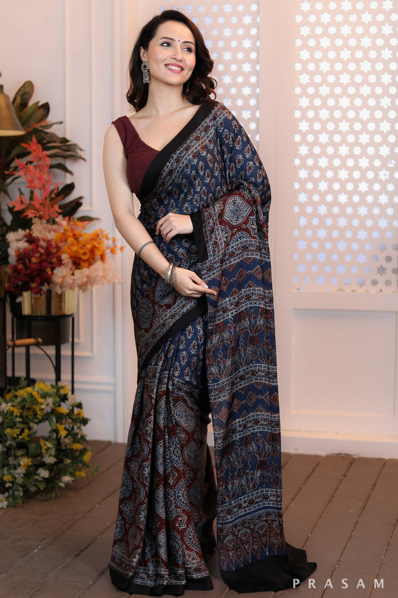 Chic Contours fusion ajrakh silk modal saree – Prasam Crafts