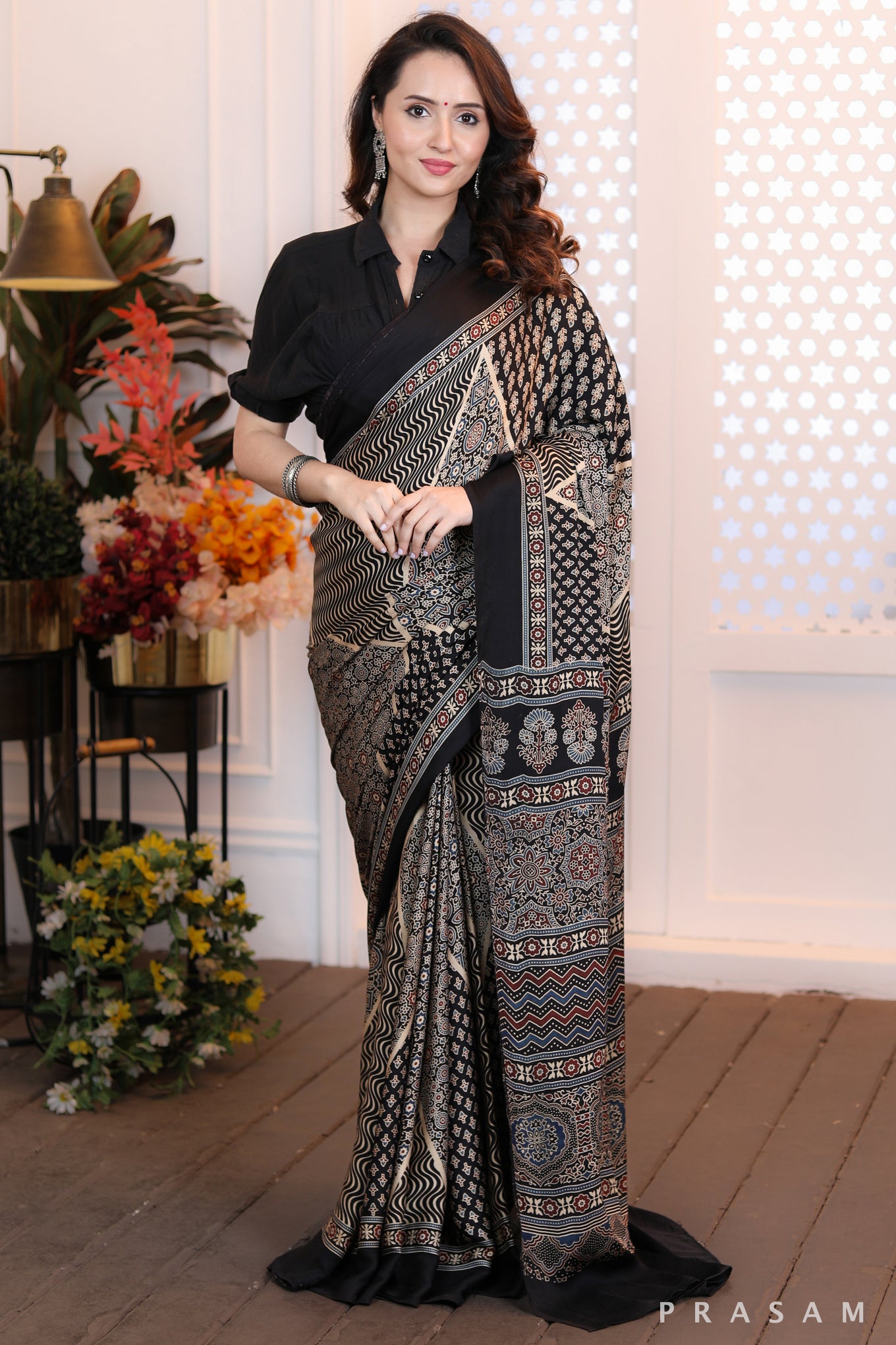 Modern Artistry Fabulous black ajarkh printed silk modal saree 