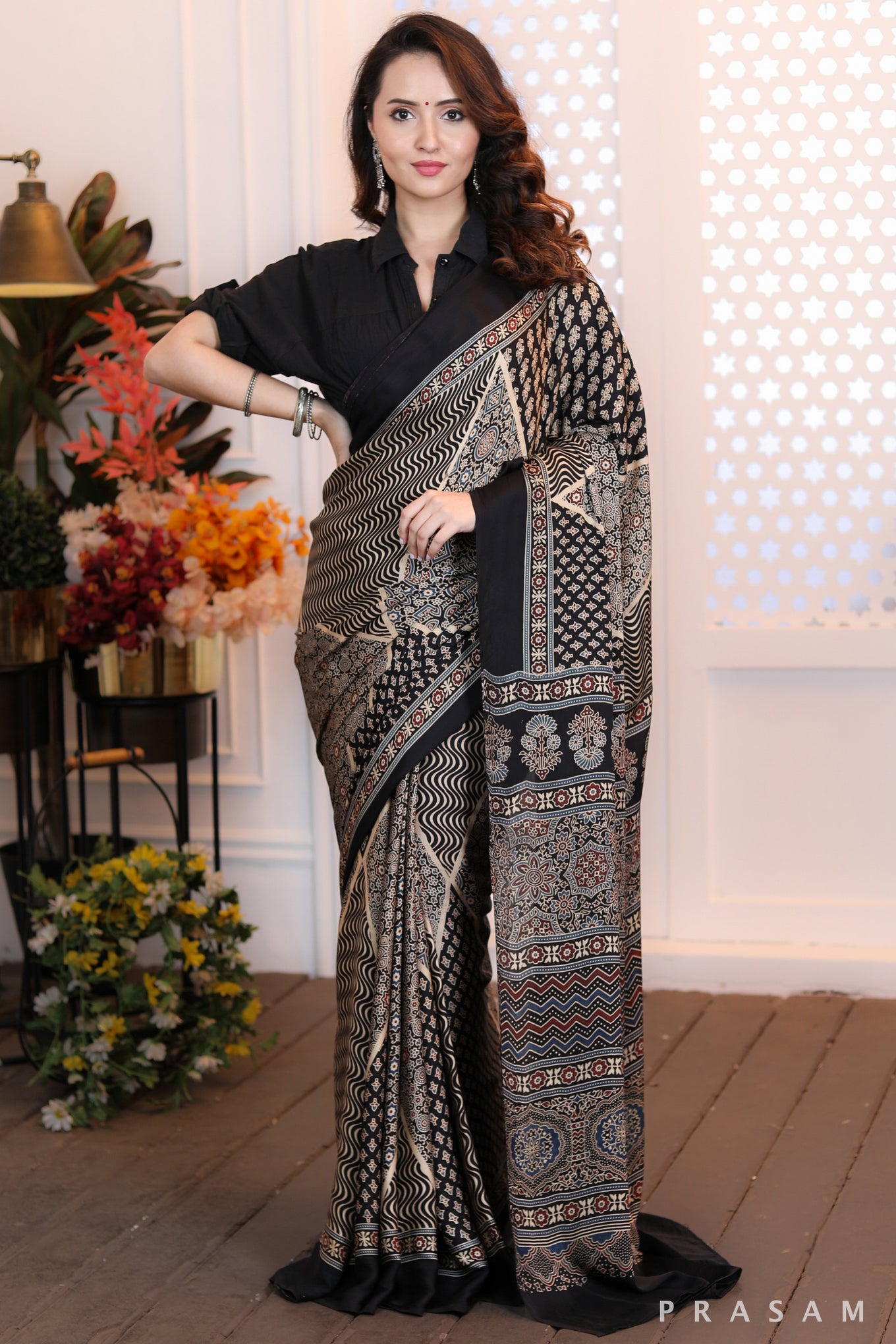 Modern Artistry Fabulous black ajarkh printed silk modal saree Media 1 of 9