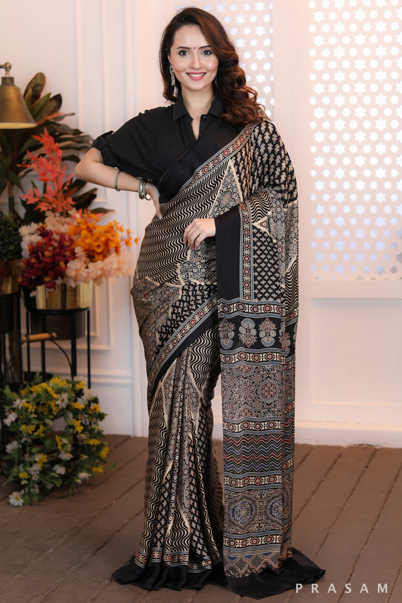 Modern Artistry Fabulous black ajarkh printed silk modal saree 