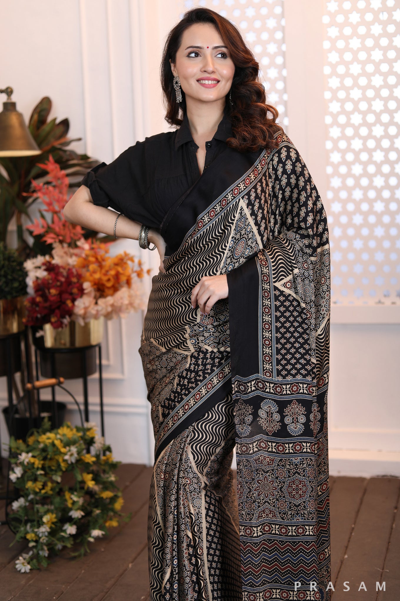 Modern Artistry Fabulous black ajarkh printed silk modal saree 