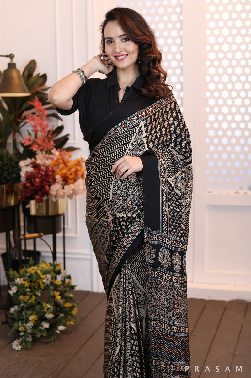 Modern Artistry Fabulous black ajarkh printed silk modal saree 