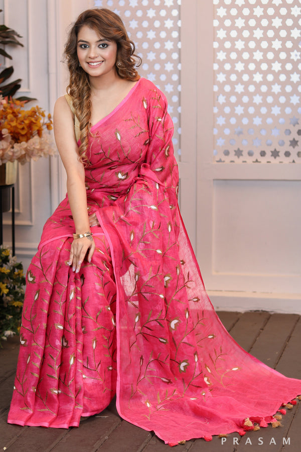 Exquisite Embroidered  Elegant bright pink embroidered linen saree