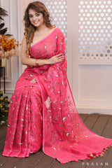 Exquisite Embroidered  Elegant bright pink embroidered linen saree BY PRASAM CRAFTS