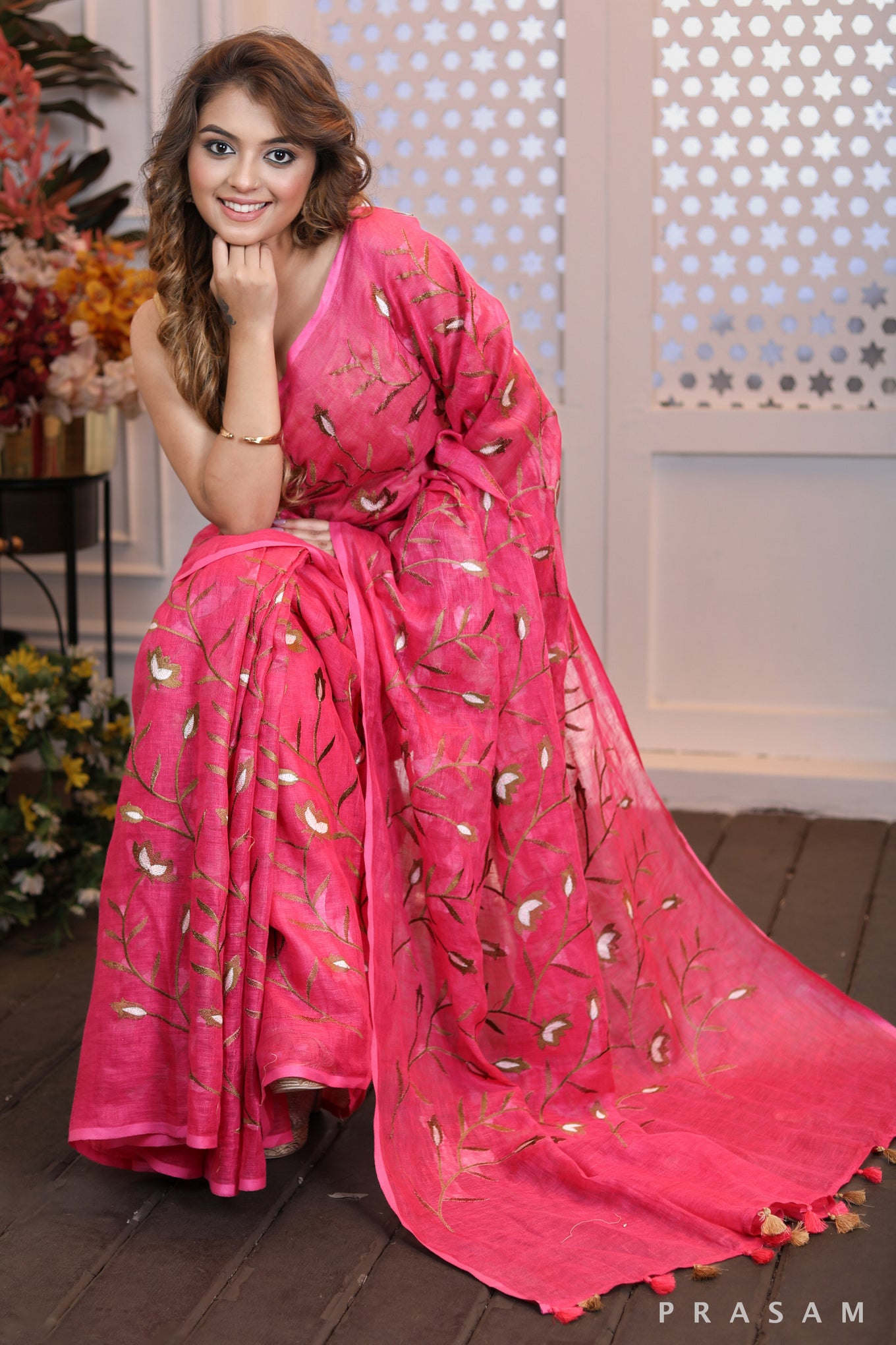 Exquisite Embroidered  Elegant bright pink embroidered linen saree BY PRASAM CRAFTS