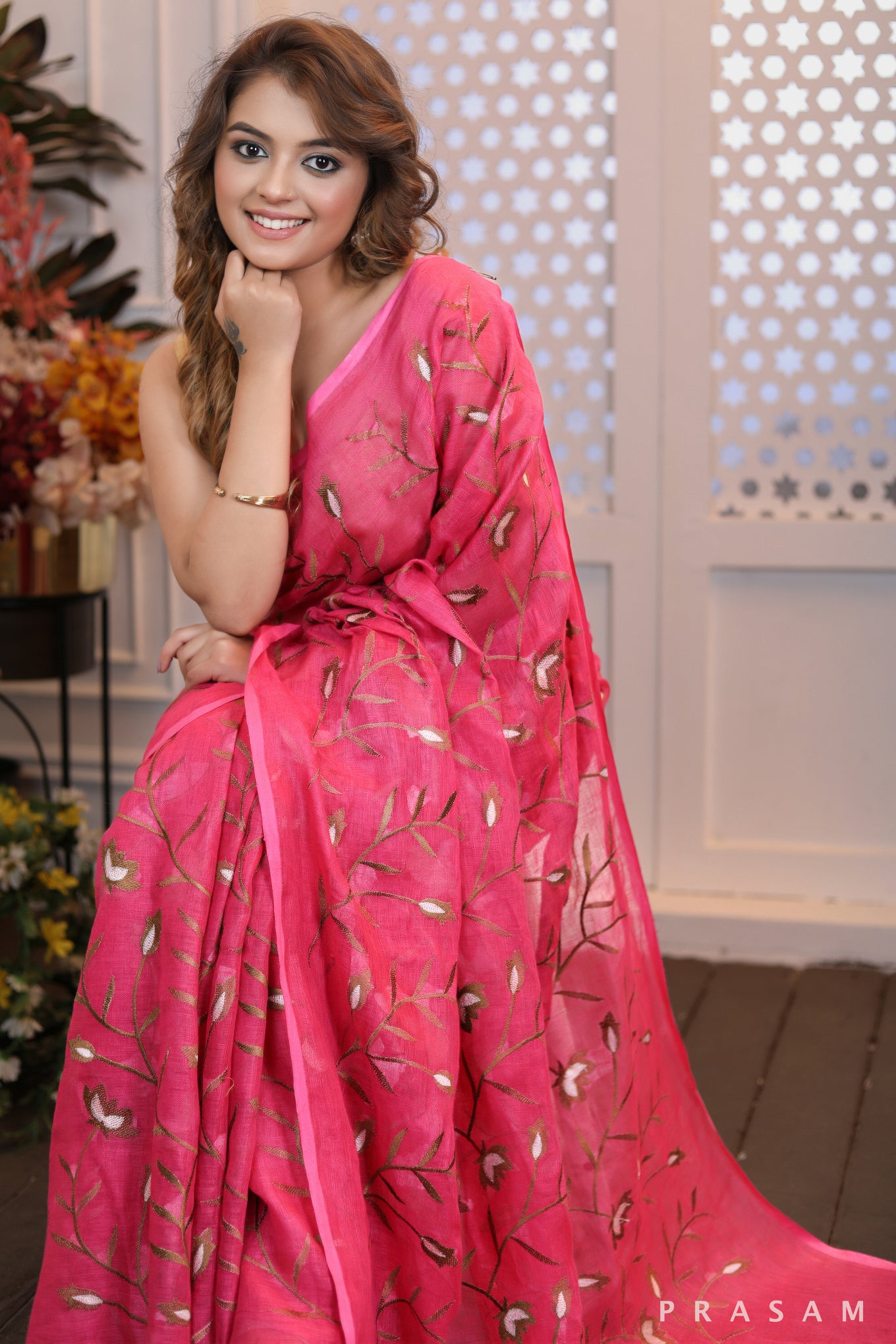 Exquisite Embroidered  Elegant bright pink embroidered linen saree BY PRASAM CRAFTS